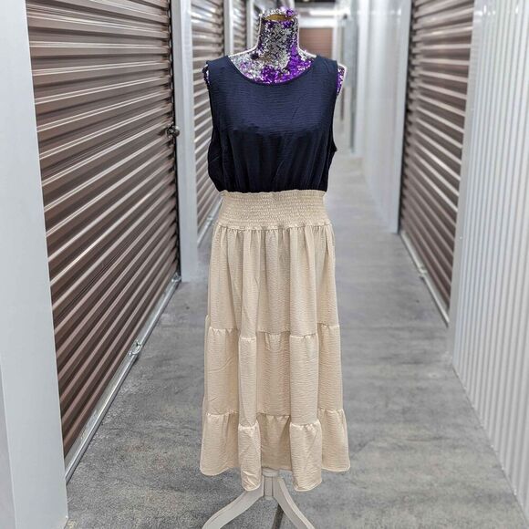 DKNY Size 14 NWT Navy Blue & Cream Midi Waterfall Boho Tier Dress - Picture 1 of 8